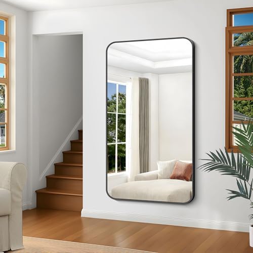 Black Bathroom Mirror, 66x36 inch Aluminum Metal Frame Rectangular Vanity Mirror, Large Wall Mounted Rectangle Mirrors with Rounded Corner for Over Sink Bedroom Living Room Horizontal/Vertical