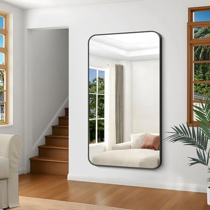 Black Bathroom Mirror, 66x36 inch Aluminum Metal Frame Rectangular Vanity Mirror, Large Wall Mounted Rectangle Mirrors with Rounded Corner for Over Sink Bedroom Living Room Horizontal/Vertical