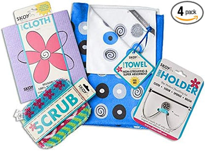 Skoy Cleaning Bundle - Cloth, Scrub, Blue Towel and Sink Holder – Environmentally Friendly, Kitchen & Household Use, Plastic-Free Packaging, Great Gift Idea!