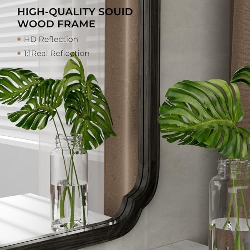 WallBeyond 28" x 40" Rounded Corner Arch Wall Mirror with Wood Frame for Entryway, Living Room or Bedroom Home Decor - Light Woodgrain [28 x 40 inches, Black]