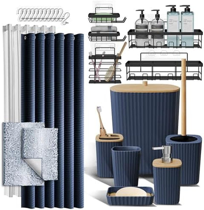 Clara Clark Bathroom Accessories Set - 27PC Bathroom Set with Adhesive Corner Shower Caddy Hanging, Bathroom Sets with Shower Curtain and Rugs, Ombre Navy Shower Curtain Set with Bathroom Trash Can
