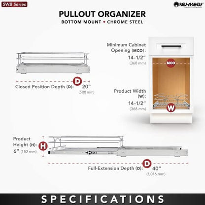 Rev-A-Shelf Steel Wire Pullout Drawer Organizer Shelf for Kitchen Cabinets, Slide Out Storage Basket, Min Opening Width of 14.5", 15" x 20", 5WB1-1520CR-1