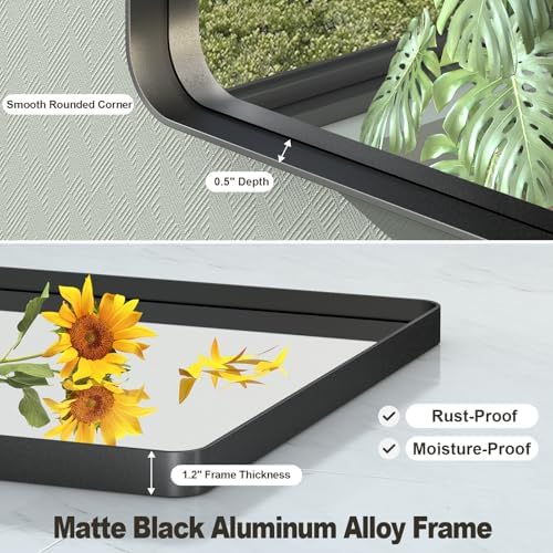 28x36 Inch Black Framed Bathroom Mirror for Wall, Matte Black Metal Frame Mirror, Rounded Rectangle Mirror, Anti-Rust, Shatterproof (Horizontal/Vertical)