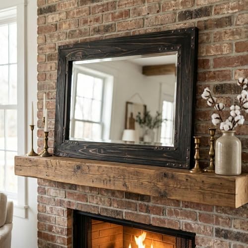 Rustic Black 24x36 Inch Wood Bathroom Vanity Mirror, Rivets