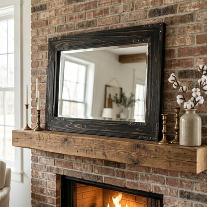 Rustic Black 24x36 Inch Wood Bathroom Vanity Mirror, Rivets