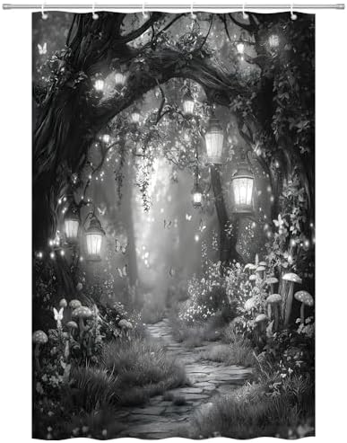 Fantasy Forest Path Shower Curtain Grey Fairy Magical Enchanted Misty Jungle Mushroom Floral Tree Butterfly Lantern Wonderland Bath Curtain Fabric Bathroom Accessories Decor with Hooks 47W x70L