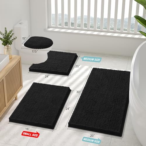 Smiry Luxury Chenille Toilet Rugs U-Shaped 20x20, Soft Absorbent Non-Slip Contour Bathroom Rugs for Toilet, Machine Washable Contoured Bath Mats, Black