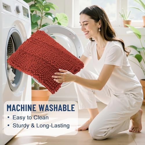 Grandaily Chenille Striped Bathroom Rugs 44x24, Extra Thick and Soft Absorbent Bath Mats, Rubber Backing, Plush Shaggy Shower Carpet, Machine Wash Dry, Bath Rug for Bathroom, Rustic Terracotta
