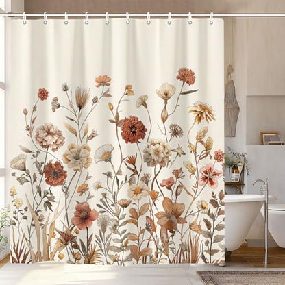 Vintage Boho Beige Floral Shower Curtain, Brown Cream Tan Rustic Farmhouse Flower Shower Curtain Set, Cute Botanical Wlidflowers Fabric Shower Curtains Decoration, 60X72 Aesthetic Bathroom Accessories