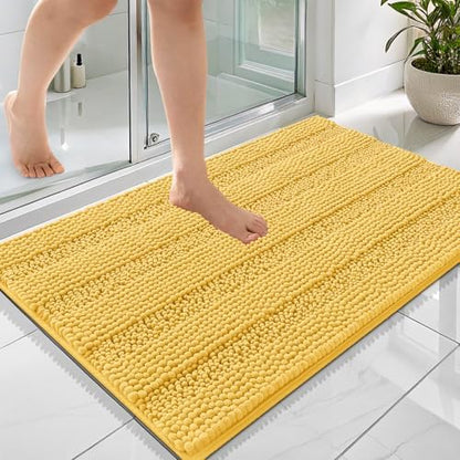 OLANLY Thick Bathroom Rugs 36x24, Soft Chenille Striped Bath Rugs, Yellow