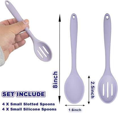 8 Pcs 8inch Heat Resistant Cooking Spoons for Nonstick Cookware Set -Ideal for Cooking, Baking, Mixing, Stirring Includes Slotted & Solid Spoons, Design for Nonstick Cookware (Black+Red+Green+Purple)