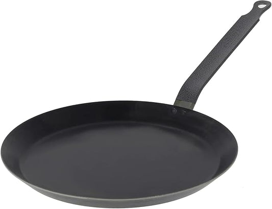 de Buyer Blue Carbon Steel Crepe & Tortilla Pan - 9.5” Diameter, 7.75” Cooking Surface - Ideal for Making & Reheating Crepes, Tortillas & Pancakes - Naturally Non-Stick Finish - Made in France
