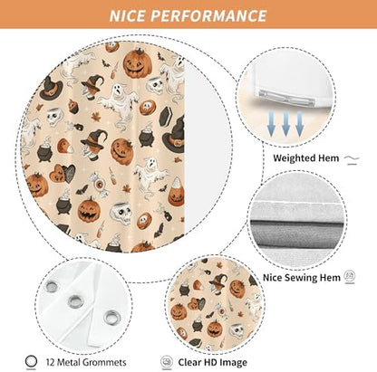Halloween Cute Skull Ghost Shower Curtain for Bathroom 72W*72H Inch Gothic Witch Scary Magic Horror Pumpkin Bathtub Alchemy Witchcraft Decor Waterproof Polyester Fabric Set with 12 Hooks