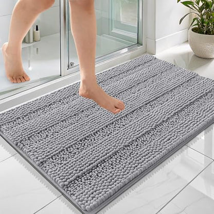 OLANLY Thick Bathroom Rugs 36x24, Soft Chenille Striped Bath Rugs, Grey
