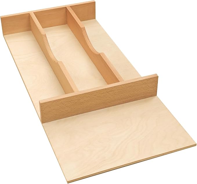 Silverware Drawer Organizer - Trim-to-Fit with Adjustable Dividers for Kitchen Utensil Storage, Beech Wood Frame with 11 Sizes (10.24" W x 22" D)