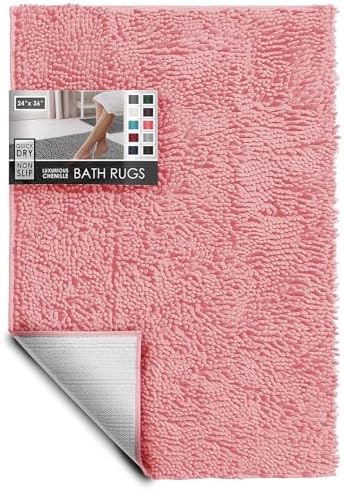 Hearth & Harbor Bathroom Rugs, Chenille Bath Mat - Machine Washable Bath Mats for Bathroom Non-Slip Backing Rubber, Quick Dry Bathroom Mat, 24 x 36 - Pink