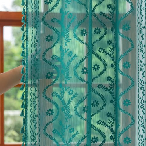 WAZZIO Teal Lace Shower Curtain for Bathroom 72" W x 72" L, Victorian Farmhouse Floral Pattern Tassel Fancy Shower Curtain Boho Washable Cloth Decorative Bath Curtains,1 Panel,Turquoise