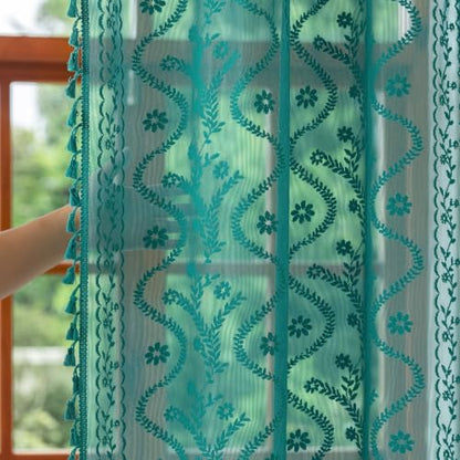 WAZZIO Teal Lace Shower Curtain for Bathroom 72" W x 72" L, Victorian Farmhouse Floral Pattern Tassel Fancy Shower Curtain Boho Washable Cloth Decorative Bath Curtains,1 Panel,Turquoise