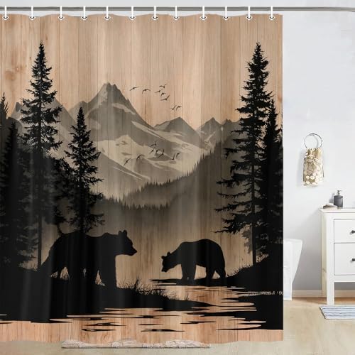 Rustic Cabin Shower Curtain, Mens Outdoor Bear Forest Wildlife Country Farmhouse Bath Curtains, Hunting Camping Camper RV Waterproof Fabric Bathroom Decor Accessories Set with Hooks,47X70IN