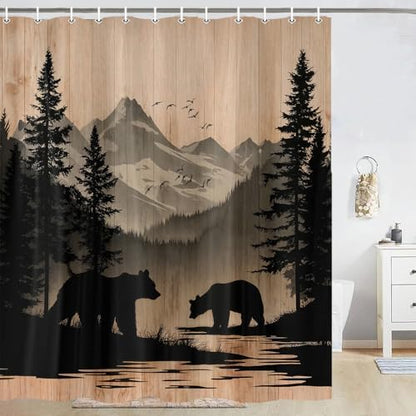 Rustic Cabin Shower Curtain, Mens Outdoor Bear Forest Wildlife Country Farmhouse Bath Curtains, Hunting Camping Camper RV Waterproof Fabric Bathroom Decor Accessories Set with Hooks,47X70IN
