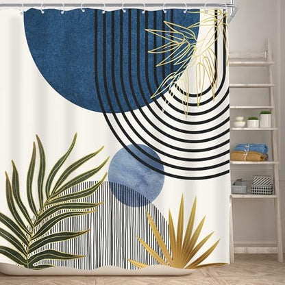 Mid Century Blue Green Boho Abstract Modern Bathroom Shower Curtain Set