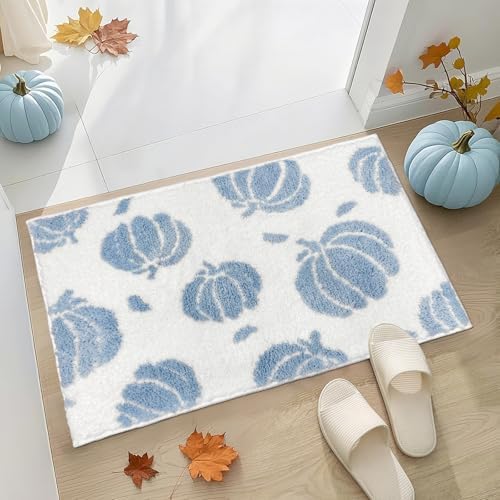 APROPHIC Blue Pumpkin Bath Mats, Fall Bathroom Decor, Non-Slip Microfiber Bath Rugs, Autumn Thanksgving Bathroom Rug for Shower, Tub, Sink, Decor, Machine Washable, 17x24 inch