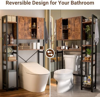 Over The Toilet Storage Cabinet with Doors - 7 Tier Bathroom Organizer with Adjustable Shelf, Freestanding Space Saver Rack Above Toilet Stand with 4 Hooks for Bathroom, Restroom, Laundry, Rustic