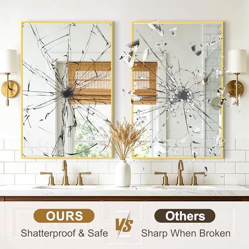 Rectangular Bathroom Mirror, 36"x24" Gold Metal Framed Vanity Mirror