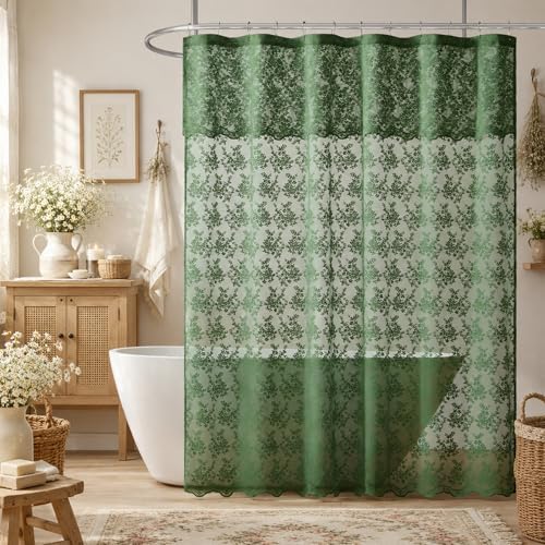 TUDECO Forest Green Lace Shower Curtain for Bathroom, 72W x 84L Inch