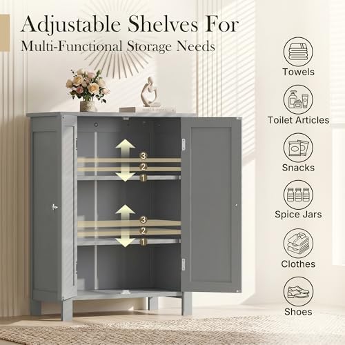 ZENY Bathroom Floor Storage Cabinet with Double Door + Adjustable Shelf, Wooden Organizer Cabinet for Living Room, Bathroom, Bedroom, Modern Home Furniture (Gray)