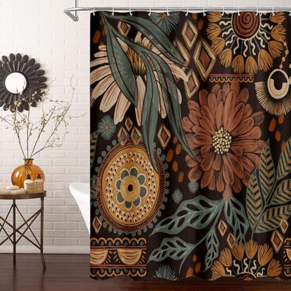 Dark Floral Shower Curtain, Vintage Botanical Boho Fabric Curtain, 72 x 84