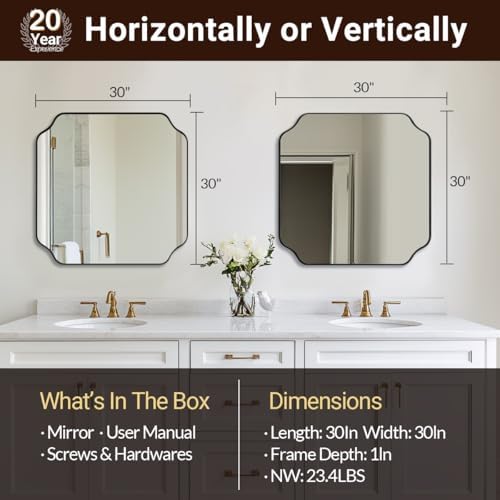 ANDY STAR 30x30 Inch Square Mirror, Matte Black Vanity Mirror, Modern Scalloped Bathroom Mirror in Premium Stainless Steel Metal Thin Frame, Unique Rounded Notched Corners