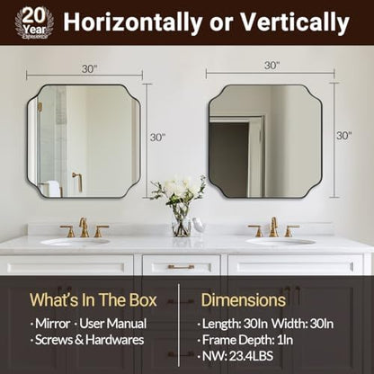 ANDY STAR 30x30 Inch Square Mirror, Matte Black Vanity Mirror, Modern Scalloped Bathroom Mirror in Premium Stainless Steel Metal Thin Frame, Unique Rounded Notched Corners