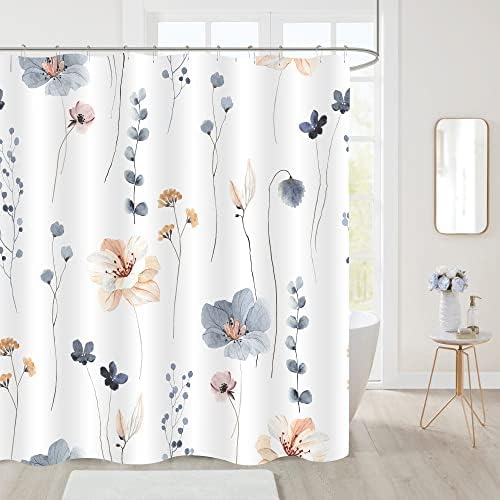 Gibelle Blue Beige Watercolor Floral Fabric Shower Curtain, 72x78