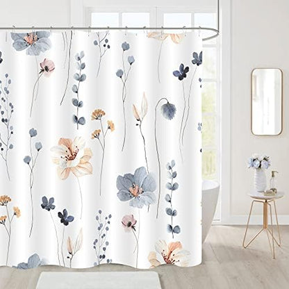 Gibelle Blue Beige Watercolor Floral Fabric Shower Curtain, 72x90