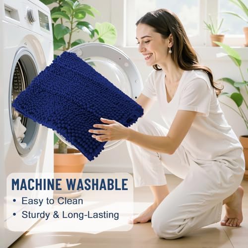 Grandaily Chenille Striped Bathroom Rugs 47x20, Extra Thick and Soft Absorbent Bath Mats, Rubber Backing, Plush Shaggy Shower Carpet, Machine Wash Dry, Bath Rug for Bathroom, Navy Blue