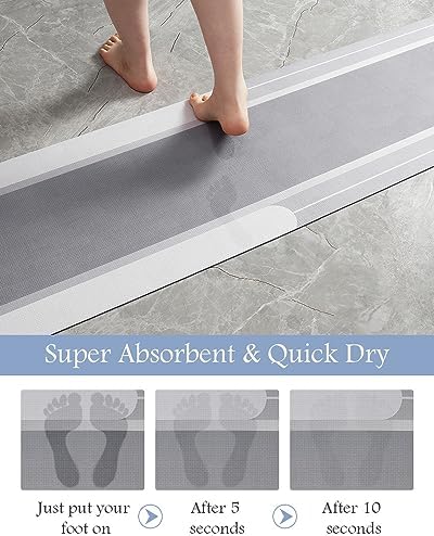 MontVoo-Bath Mat Runner Long Bathroom Mat Rug Non Slip Super Absorbent Stain Resistant Quick Dry Thin Bathroom Rug Fit Under Door-Bath Mats for Bathroom Floor Bathtub Vanity-Bathmat 17"x70" Grey