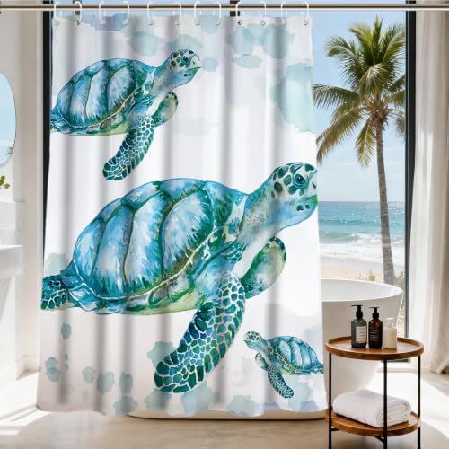 Cute Modern Ocean Shower Curtain, Beach Coastal Nautical Sea Turtle Shower Curtains for Bathroom, Waterproof Bath Curtain with Hooks Machine Washable Bathtub Curtains 72x72 Inch Blue Green