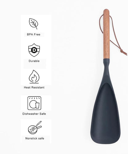 Cooking Spoon for Nonstick Cookwares, Multifunction Spatula Spoon, Great for Both Cooking and Serving, Durable BPA-Free Matte Black Silicone, Wood Handle Spoon, Safe for Nonstick Cooking Surfaces