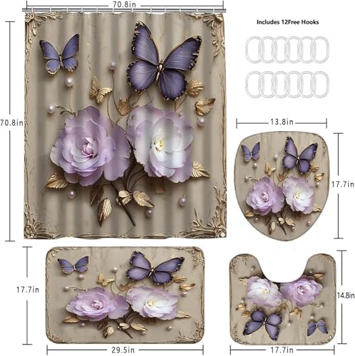 Chrainy 4pcs Vintage Butterfly Shower Cutain Set Bathroom Decor with Rugs