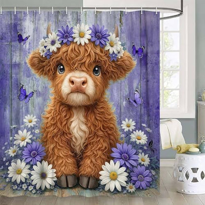 Cute Cow Shower Curtain, Farmhouse Rustic Purple Floral Daisy Highland Cow Shower Curtains for Bathroom, Calf Country Farm Animal Garden Plant Fabric Bathroom Decor with Hooks, 70x84 inch