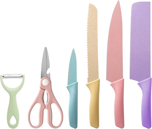 TJ POP Colorful Kitchen Knife Set 6 PCS, Colored Knives Set with Non-Stick Coating, Chef Boxed Knives Set for Cooking, Camping, Travel, Picnic, BBQ and RV