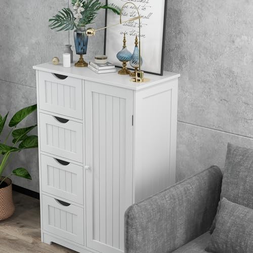 Giantex Bathroom Storage Cabinet with Drawers - 4 Drawer Storage Organizer w/Cupboard, Adjustable Shelf, Anti-Toppling Device, Entryway Storage Unit Console Table, Bathroom Floor Cabinet (White)