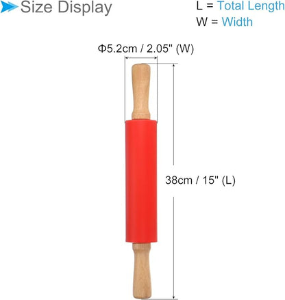 Silicone Rolling Pins, 15" Length, Silicone & Oak Non-Stick Ergonomic Wooden Handle Fondant Dough Roller Red - (Applications: for Baking DIY Projects)