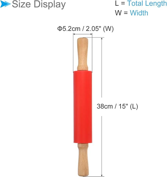 Silicone Rolling Pins, 15" Length, Silicone & Oak Non-Stick Ergonomic Wooden Handle Fondant Dough Roller Red - (Applications: for Baking DIY Projects)