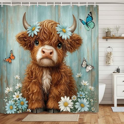 Cute Cow Shower Curtain, Farmhouse Rustic Floral Teal Daisy Funny Highland Cow Shower Curtains for Bathroom, Calf Country Plant Farm Animal Bathroom Decor with Hooks, 47x64 inch
