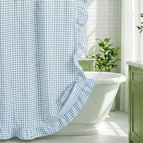 HunnmingRe Ruffled Gingham Shower Curtain Light Blue
