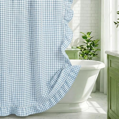 HunnmingRe Ruffled Gingham Shower Curtain Light Blue