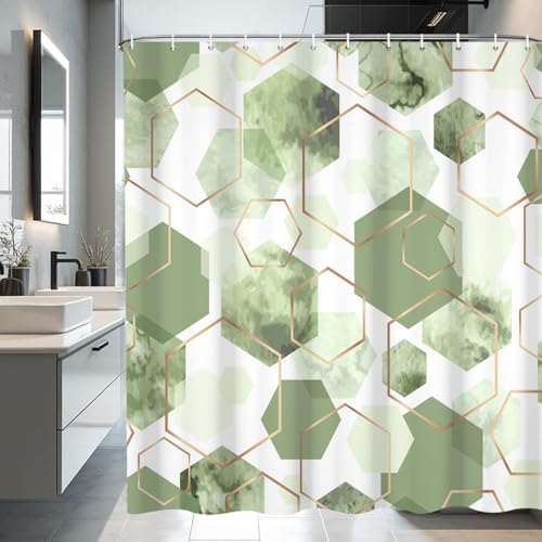 deFouliao Light Green Shower Curtain Geometric Grid Ink Green Modern Abstract Bathroom Shower Curtain Sets Waterproof Fabric for Home Hotel Bathtub Art Decor, with Hooks, 72x78 Inch