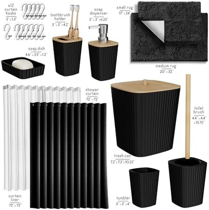 Clara Clark Black Bathroom Set, Bathroom Sets with Shower Curtain and Rugs